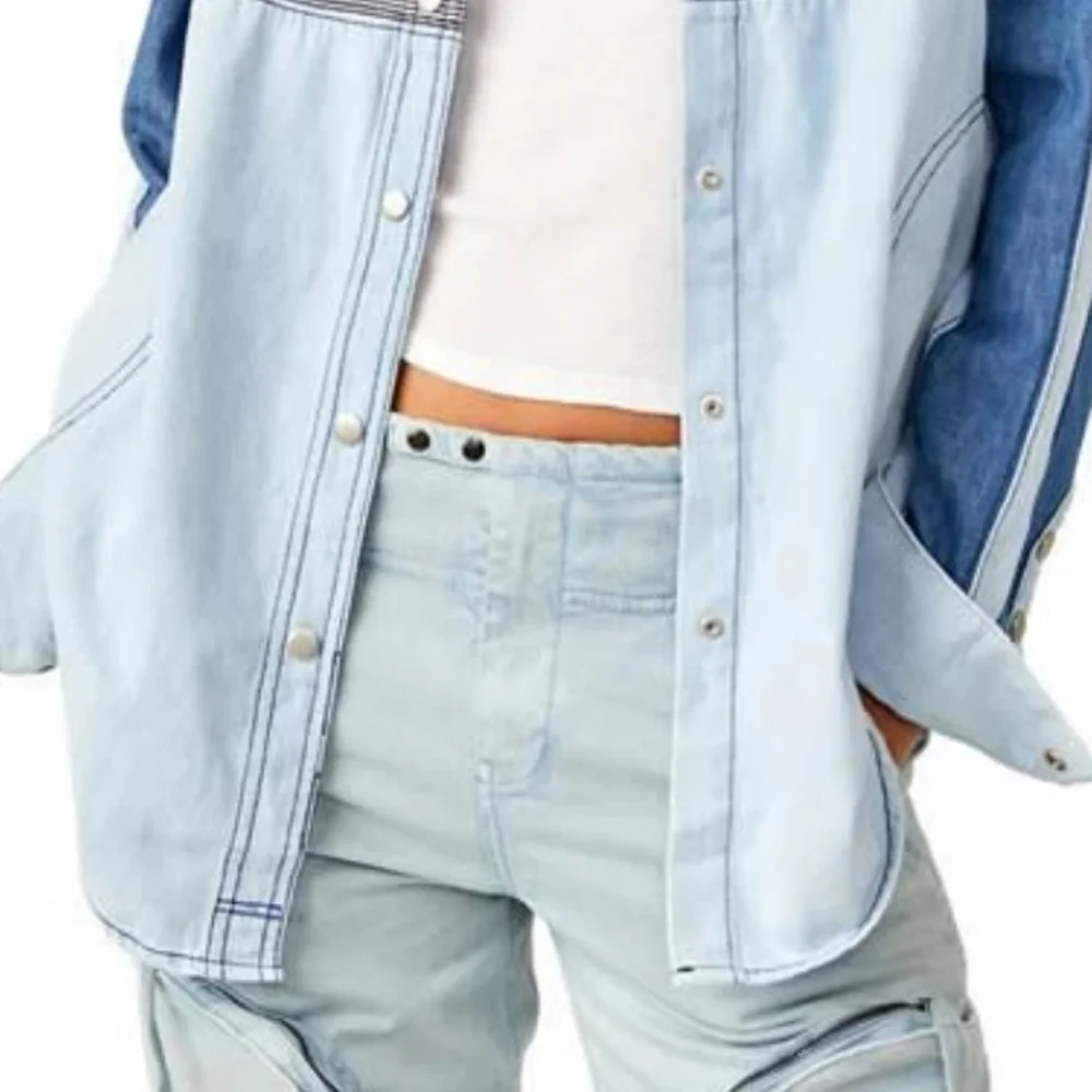Free People Motto Color Block Shirt Blue Combo Size XL NWT